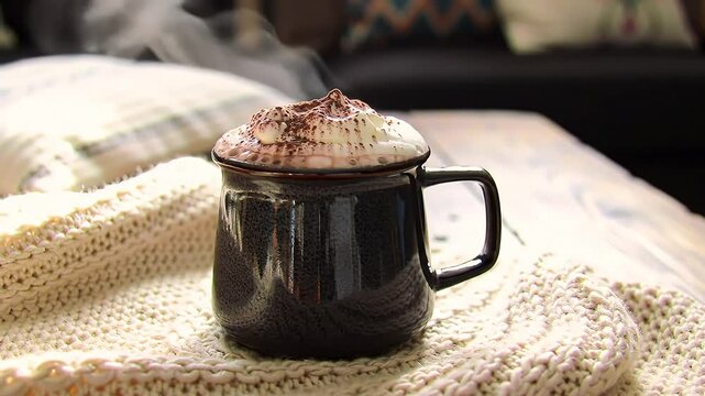 Cozy scene of a steaming mug of rich hot chocolate, adorned with fluffy whipped cream and a dusting of cocoa, resting invitingly on a soft, warm blanket.