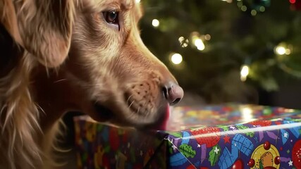 Curious dog nose intently sniffing a brightly wrapped Christmas present nestled beneath a festive decorated tree, capturing holiday anticipation.