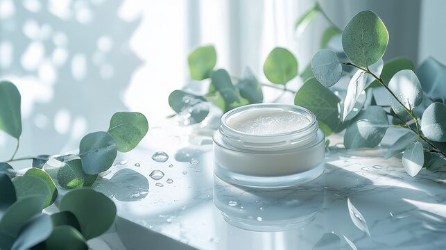 Luxury hydrating face cream jar with lid removed showing moisturizing product on reflective marble with eucalyptus