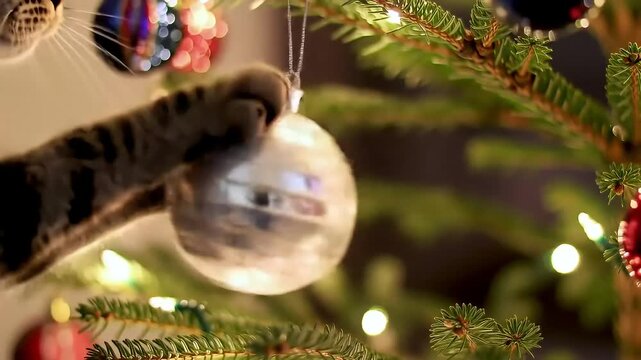 Playful kitten paws batting at a shimmering, dangling Christmas ornament on lower pine tree branches, capturing festive holiday joy.
