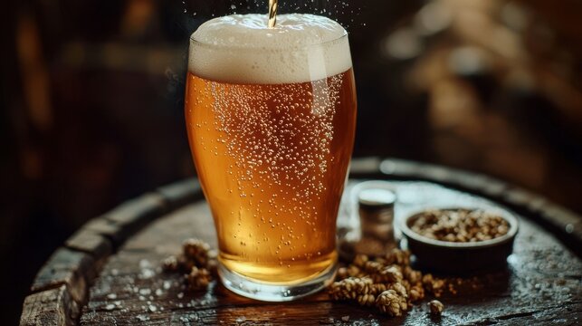 Golden craft beer pour creating frothy white head in glass with green hops displayed on rustic barrel surface in brewery setting - Powered by Adobe