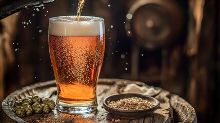 Fresh craft beer with perfect foam crown and carbonation bubbles in glass with brewing hops scattered on weathered wooden table