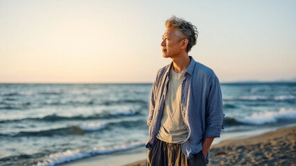 日本人男性が夏の砂浜で海風を感じながらゆったり立つ