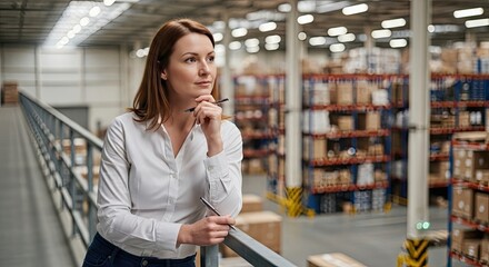 thoughtful businesswoman in warehouse