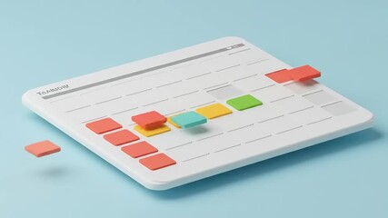 Colorful calendar planner with sticky notes arranged on a light blue background, symbolizing organization