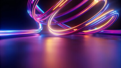 Vibrant neon light trails create a dynamic, futuristic abstract flow on a reflective surface, perfect for modern tech and design concepts
