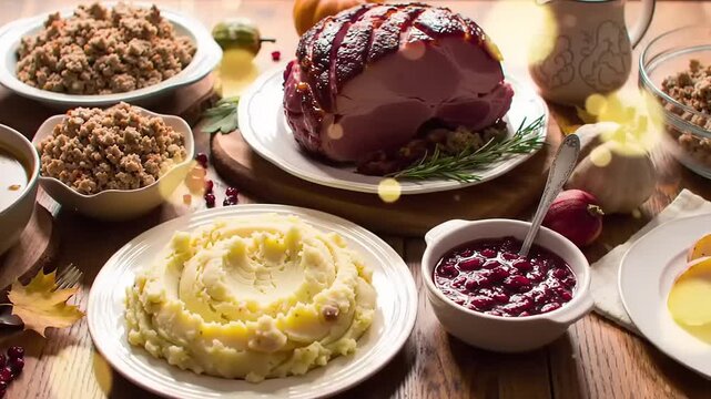 Thanksgiving Feast Ham with Mashed Potatoes.