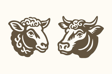 Sheep and bull cow head illustration, bold engraving vector