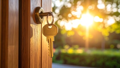 Keys in a wooden door, sunlight