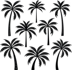 Collection of seven black silhouette palm trees with varied trunk heights and leaf arrangements on a white background