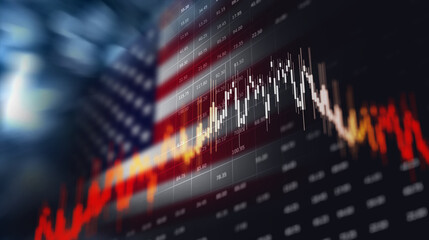 Candlestick chart showing US market trends with American flag overlay. Ideal for finance, Wall Street, trading, investment, and economic volatility concepts. © Ink2Link