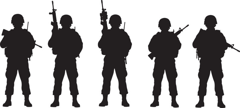 Soldiers holding rifles in silhouette military army, soldiers, military, army, rifle, weapon, uniform, helmet, tactical, standing, group, black, white, silhouette, illustration, graphic, design, comba
