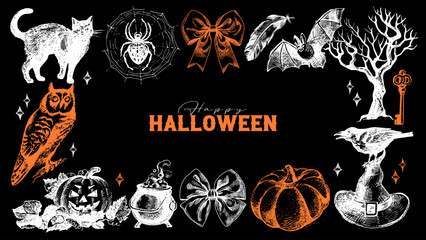 Halloween vintage set. Hand drawn retro sketch vector illustration. Greeting design for holiday cards, posters, kids party decor.