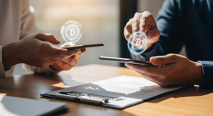 Two people exchanging cryptocurrency using smartphones, close-up view.