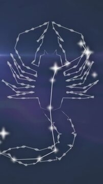 Animation of connected stars forming scorpio and lens flares against black background