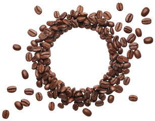 Coffee beans with round copyspace against white background