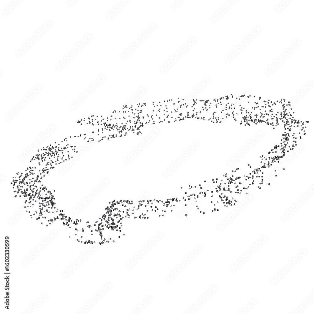 Poster abstract metal particles simulation ring 3d shape isolated. futuristic chrome particles explosion ci