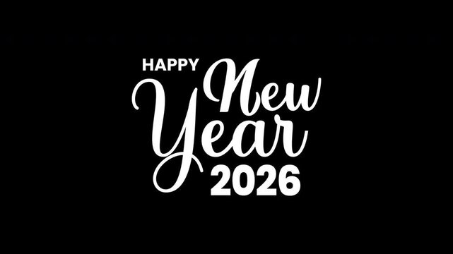 Animated Happy New Year 2026 Text in White Color. Alpha Channel. Happy New Year 2026 Animation	