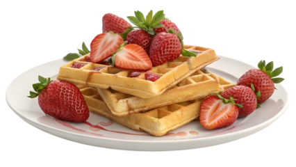 waffles with strawberries with a plate isolated on transparent background