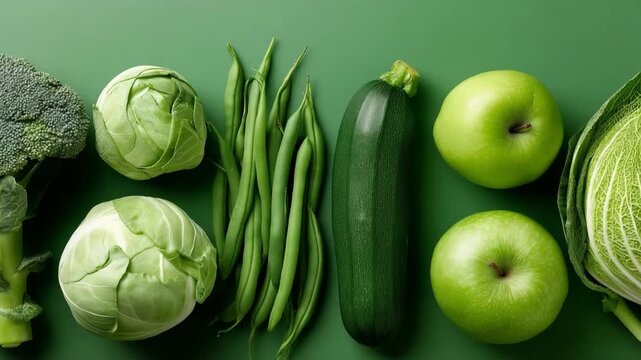 A row of green vegetables and fruit including broccoli, green beans, zucchini, and apples