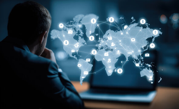 Businessman contemplating global network