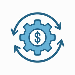 Blue gear with dollar sign and circular arrows currency