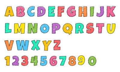 Colorful hand-drawn alphabet and numbers in playful font style, perfect for kids&rsquo; designs, learning tools, and school posters.