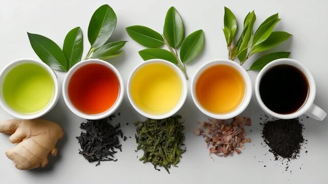 A row of teacups with different colored liquids and herbs on a table. The teacups are lined up in a row, with the first cup on the left and the last cup on the right