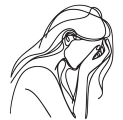 A woman is crying and her face is full of tears. She is looking down and her eyes are closed, depression, line sketch