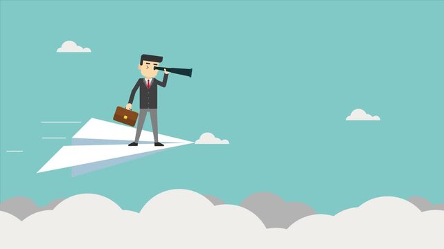 Business Vision and Opportunity Concept 2D Vector Animation of Businessman Flying Paper Airplane Using Telescope
