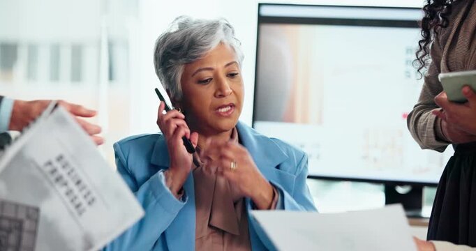 Documents, phone call and tablet with business woman in office for management multitasking. App, communication and paperwork signature with mature manager juggling responsibilities in busy workplace