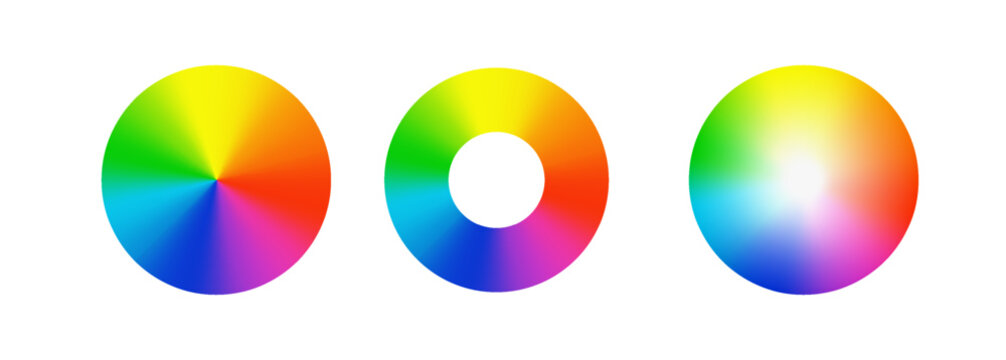 Circular color theory diagram showing full spectrum, gradient transitions, and harmony combinations. Bright multicolor radial palette. PNG