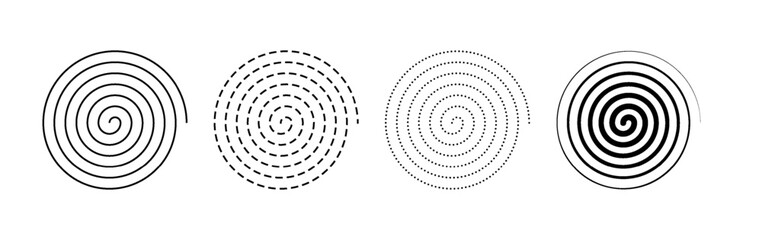 Spiral vector set PNG. Psychedelic symbol. Hypnosis icons, twisted circular motion symbols, pinwheels and tornado swirls