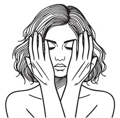 Woman is crying, hugs face hands, violence. Sketch