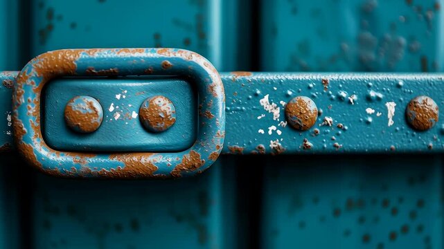 Macro shot of a rusty hinge on a blue metal surface. Detailed texture and effect of time.