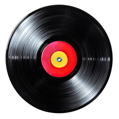 Fototapeta premium Close-up of a black vinyl record with a vibrant red and yellow label