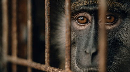 Sad brown-eyed monkey staring through rusty cage bars close-up