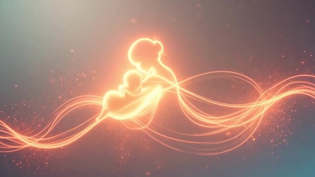 Glowing silhouette of a mother holding a baby with flowing energy on a gradient background
