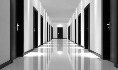 Long hallway with black doors