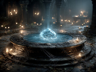 Mysterious glowing crystal in ancient stone fountain at night