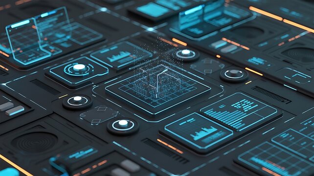Futuristic digital circuit board with glowing blue holographic interfaces