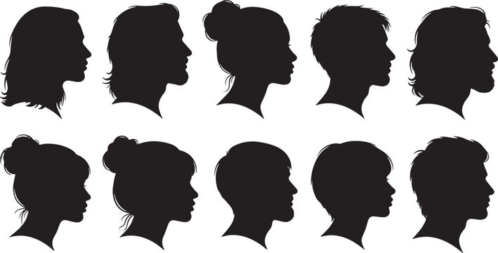 Diverse human profile silhouettes male female, silhouette, profile, human, male, female, head, face, hair, black, white, diverse, collection, portrait, graphic, illustration, design, people, art, grap