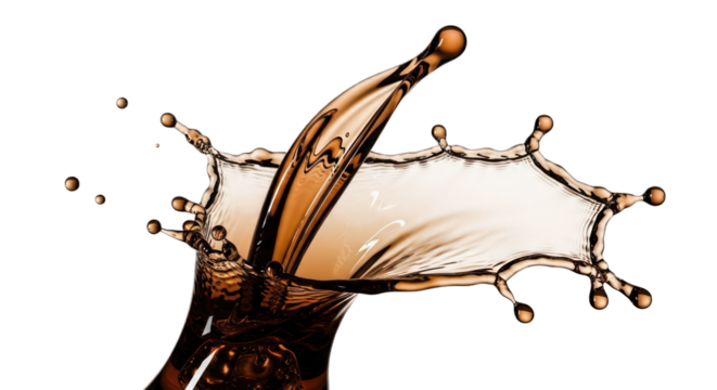 Brown liquid splashes with a complex crown shape, on black