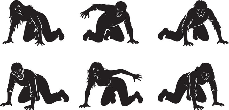 Figures crawling on white background black people, black, white, figures, crawling, people, humans, silhouettes, movement, action, isolated, graphic, illustration, horror, scary, creepy, monsters, zom