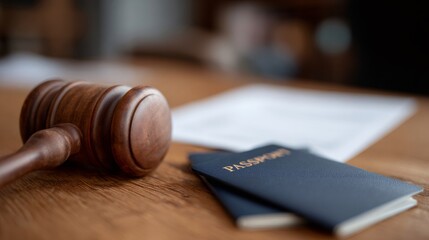 Judge's gavel is positioned next to passports on wooden table for immigration law