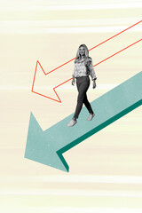 Sketch image 3d pop art banner collage of inexperienced businesswoman walk arrow regress statistics collapse economy crisis
