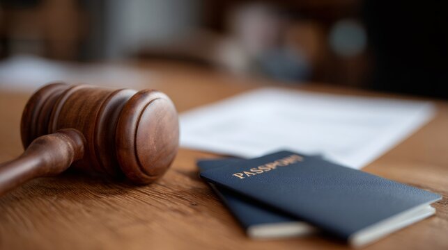 Judge's gavel is positioned next to passports on wooden table for immigration law