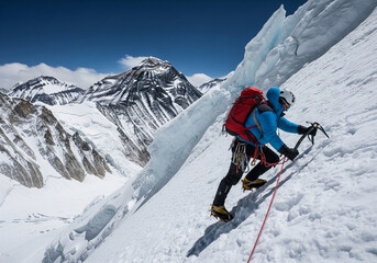  determined mountaineer in full climbing gear and bright orange suit ascends a steep, snow-covered slope, with majestic Everest and other Himalayan peaks 