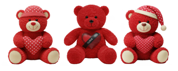 Three adorable red teddy bears with hearts and santa hats