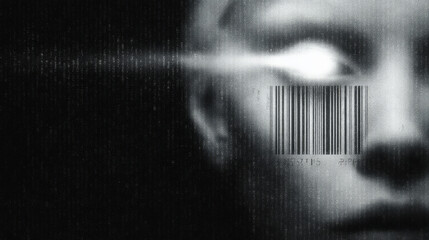 barcode replacing human face with glowing eye staring from digital void, questioning identity in tech era